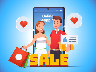Online shopping. Family couple holding bags, box
