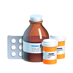 Meds, pill blister, glass bottle with medicine