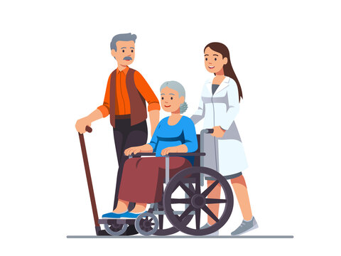 Nurse pushing wheelchair with sick old woman
