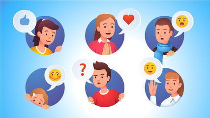 Character faces with emotion looking out of rounds