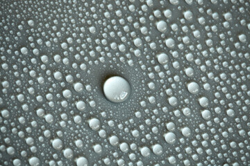 Details of water droplets, moisture condensation, hot water vapor condensation on a neutral background close-up