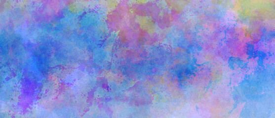 Fototapeta na wymiar watercolor background in blue pink purple and yellow blotches, grunge texture painting in colorful distressed paper design with abstract blobs and blotches