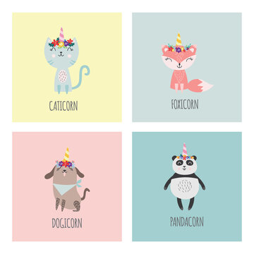 Cute animals with flower crowns and unicorn horns - greeting card set
