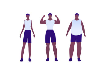 Obraz premium Man body weight concept, Vector flat person illustration set. Collection of african american males in sport outfit. Slim, overweight, strong muscular. Front view. Design for banner, infographic