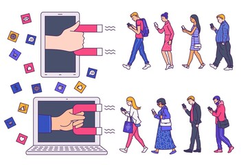 Digital inbound marketing concept set - people pulled by magnets into screens