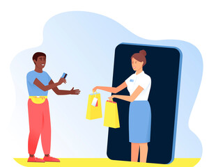 The Afro American man makes purchases from the seller in the online store. Man pays with a card for the purchase. Seller hands paper bags to buyer. Vector flat illustration.