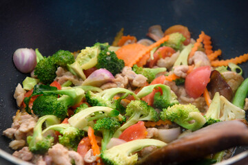 Stir fry vegetables and pork in the selective focus,Hot food