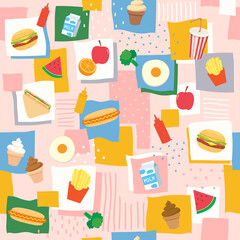 Fast food drinks and dessert menu design to seamless pattern
