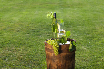 White wine on wooden vintage barrel with green lawn on background