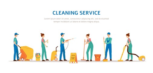 Cleaning service banner template with cleaner team in uniform using equipment