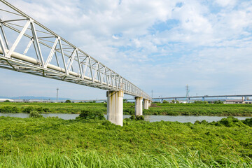 A steel bridge over the Kizugawa River in Kyoto, Japan on July 19, 2020.