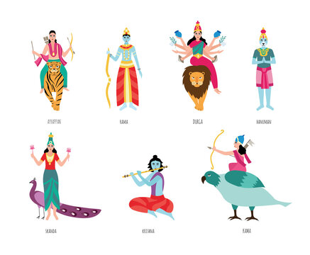 Indian gods - isolated set of Hindu religion figures - flat vector illustration on white background