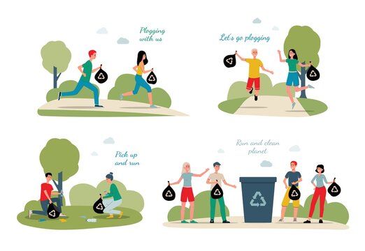 Set for Plogging challenge concept with cartoon characters picking up garbage or trash, flat vector illustration