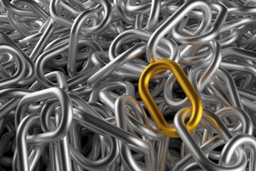 Golden chain element on heap of silver metal chains, success, standing out or safety concept
