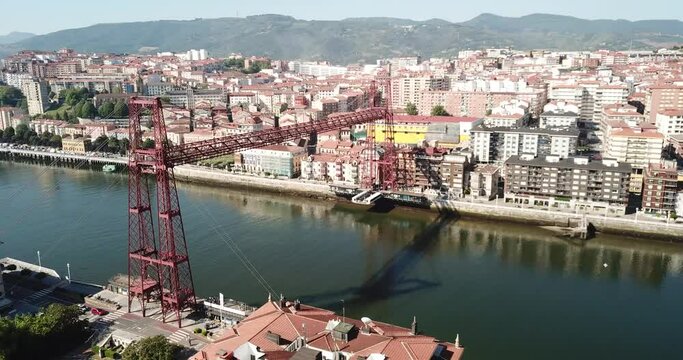 Panoramic view of famous Vizcaya Bridge crossing Nervion River in Portugalete, Spain 