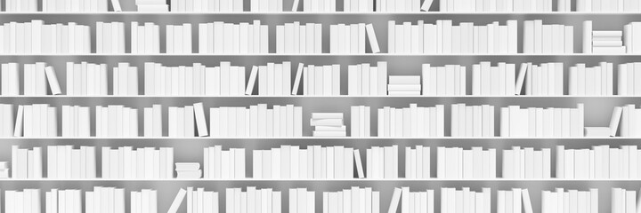 Multiple book shelves with white books, literature, book collection or bookshop concept or background