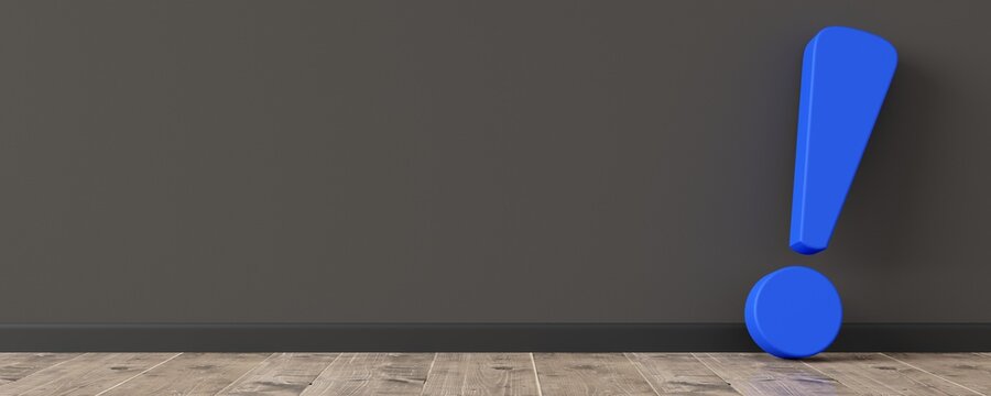 Blue exclamation mark or point leaning against dark wall on wooden floor room with copy space, solution, alert or info concept