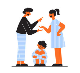 Father and mother swearing at home, kid worrying sitting on floor. Family conflict concept. Sad child. Quarrel of husband and wife. Parental divorce vector illustration. Difficult problem relationship