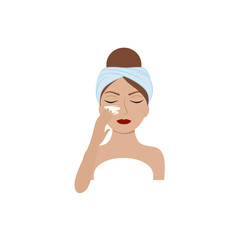 A beautiful girl with closed eyes put a green cucumber mask made of green tea to her face and timed it. Vector flat cartoon illustration for beauty salon, cosmetology, Spa, cosmetics