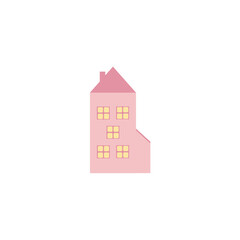 Beautiful pink house on a white background. Funny children's vector cartoon illustration. Logo design, Wallpaper for children's room, coloring, illustration for a book.