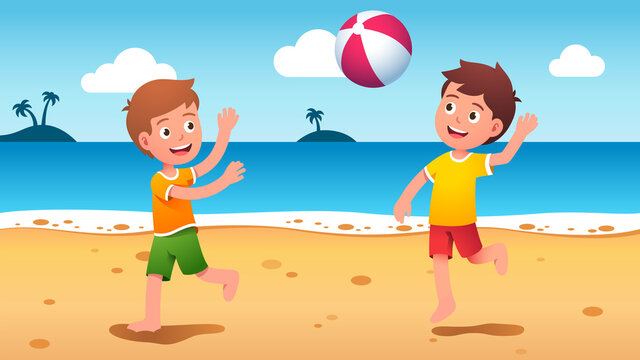 Boys kids playing beach ball at summer seaside