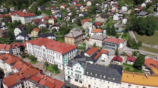 Picturesque aerial view of Idrija town center in sunny autumn day, Gorizia, Slovenia. High quality 4k footage