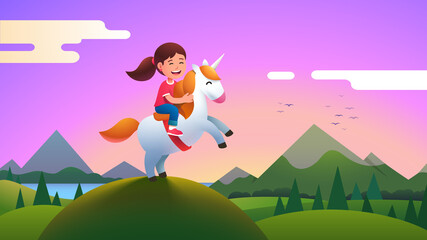 Girl kid riding unicorn on beautiful meadow hill © iconicbestiary