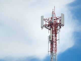 LTE, GSM, 2G, 3G, 4G, 5G tower of cellular communication. Telecommunication tower against the blue sky with clouds. - obrazy, fototapety, plakaty