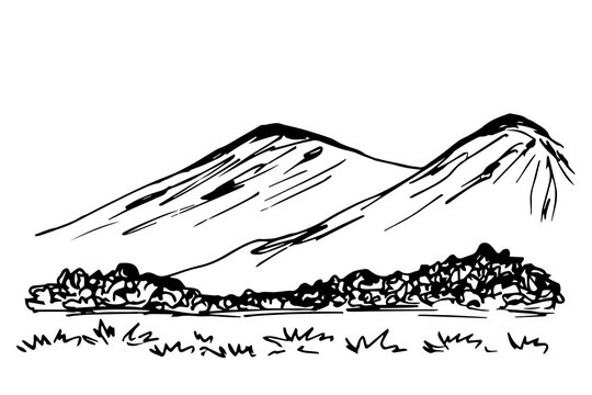 Hand-drawn vector black and white ink drawing. Wildlife, mountain landscape, bushes, grass in the foreground. The nature of mountainous countries, tourism, travel.