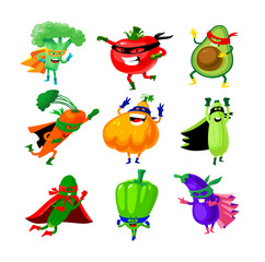 Fototapeta premium Set of Vegetables in Super Hero Costume. Funny Veggies Broccoli, Tomato and Avocado with Carrot. Pumpkin and Squash