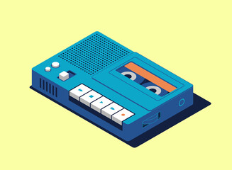 Old cassette player in isometric style. Vector illustration of vintage musical equipment.