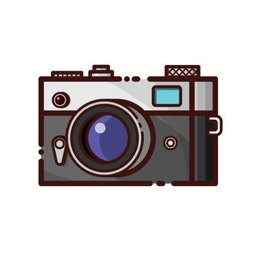 Old vintage camera on white background. Isolated Vector Illustration of hanging photographic equipment in retro style.
