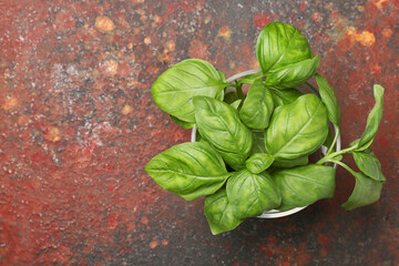 Fresh basil in bowl on grunge background