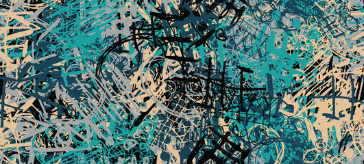 Grunge is multicolored. Abstract seamless background. The texture is repetitive. Template for printing on fabric, paper, wrapper. A chaotic backdrop of graffiti