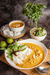 Rice Noodles with Crab Curry and Vegetables.