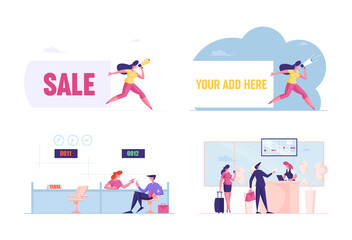 Set Male Female Characters Visit Bank. People Communicate with Banking Operator, Stand in Queue in Airport for Boarding