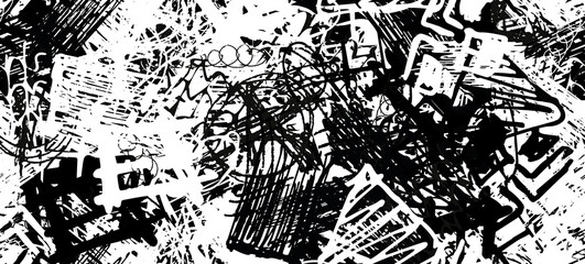 Grunge black and white. Abstract seamless background. The texture is repetitive. Template for printing on fabric, paper, wrapper. A chaotic backdrop of graffiti