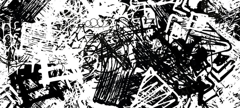 Grunge black and white. Abstract seamless background. The texture is repetitive. Template for printing on fabric, paper, wrapper. A chaotic backdrop of graffiti © Alexandr