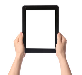 Hands with modern tablet computer on white background