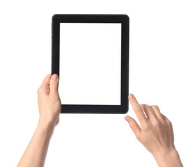 Hands with modern tablet computer on white background