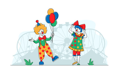 Obraz na płótnie Canvas Clown Comedians in Amusement Park, Big Top Smiling Joker Male and Female Characters with Balloons. Jester, Circus Show