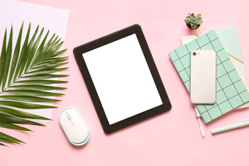 Composition with modern tablet computer on color background