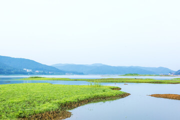 Peaceful and beautiful lake and green field background blue sky,early summer morning landscape.