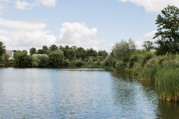 Fototapeta na wymiar small lake in a village in a meadow