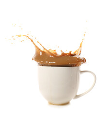 Cup of hot coffee with splash on white background