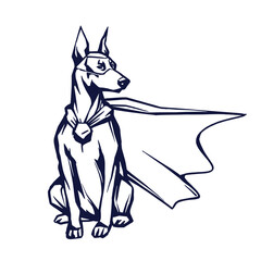Doberman in mask and cape. Superhero dog. Hand drawn sketch. Ink line art, stock vector illustration