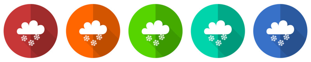 Snowing icon set, red, blue, green and orange flat design web buttons isolated on white background, vector illustration