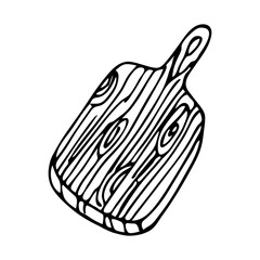 Hand drawn vector doodle illustration of a rectangular wooden cutting board with wood texture and handle.