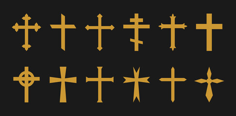 Gold cross. Christian, catholic, greek crosses. Icons of crucifix in gothic style. Symbol of church, jesus and holy faith. Religious gold silhouette on black background. Celtic decorative set. Vector