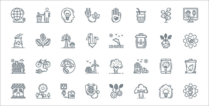 environment and eco line icons. linear set. quality vector line set such as power, ecologic, earth, house, wallpaper, eco car, sustainability, dolphin, plant.